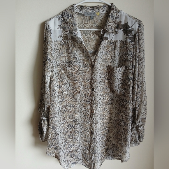 Fig & Flower Womens Button Front Shirt Sz Large Black Brown Animal Floral Print - Picture 1 of 12